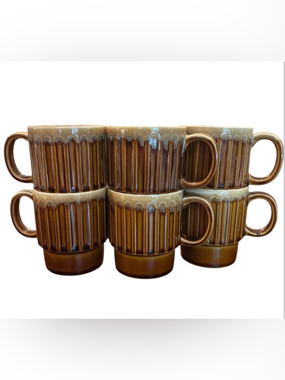 Japan Brown Drip Glazed Coffee Mugs Vintage Set of 6